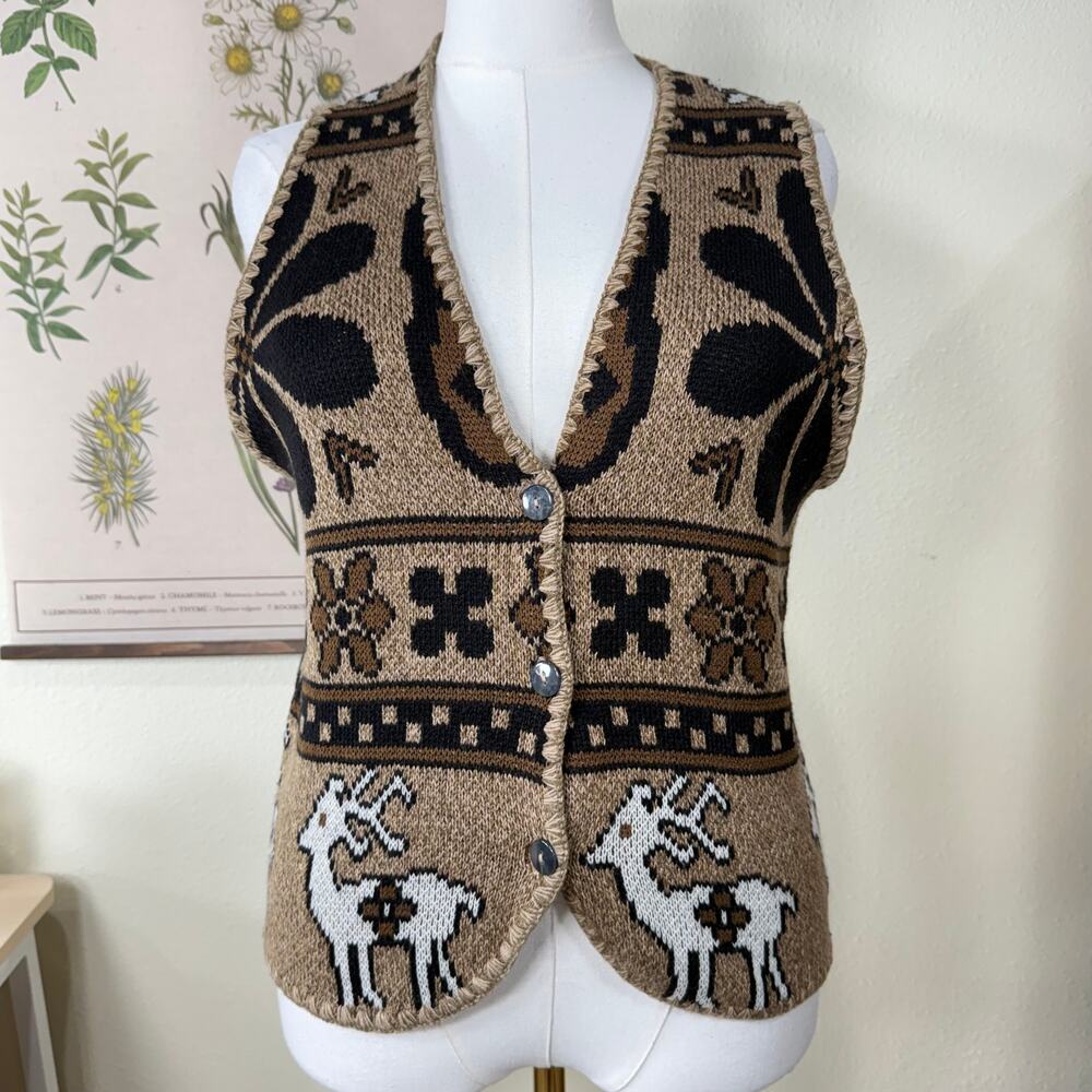 Deer Knit Wool Blend Sweater Vest Cottage Cabincore Grandma Forest Winter M L